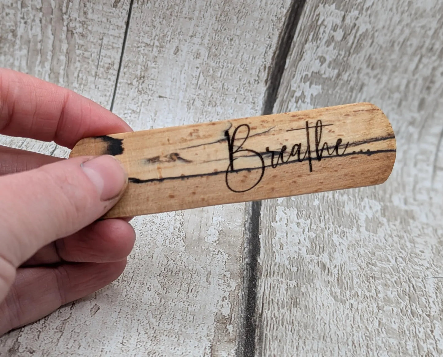 Spalted beech hand made wooden bookmark with laser printed breath mantra.