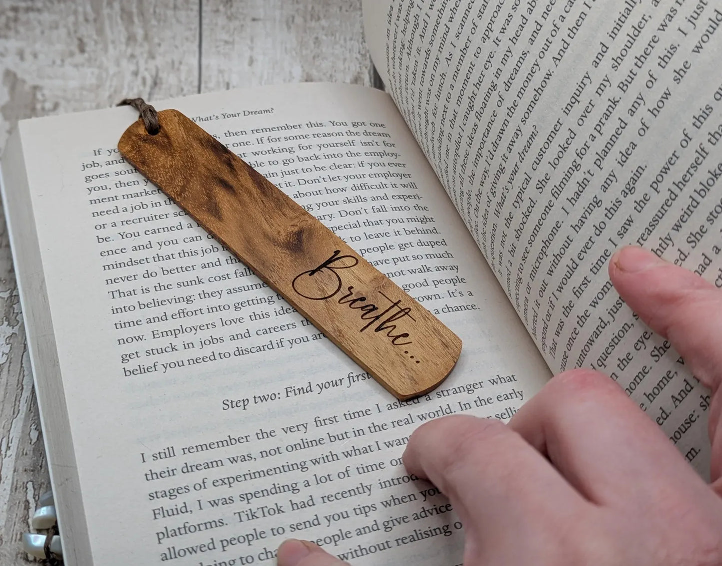 Handmade alder wooden laser printed breathe bookmark.