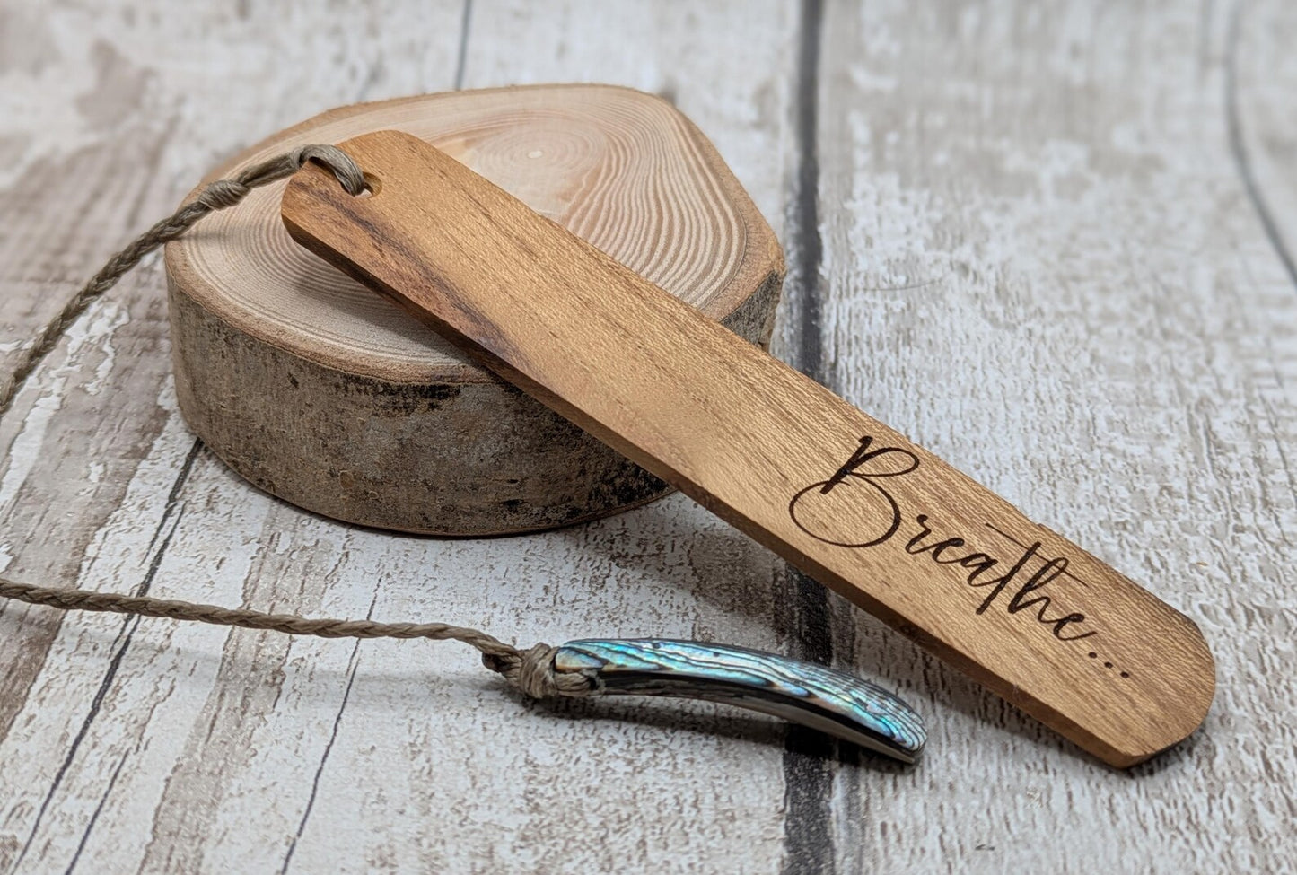 Handmade Alder wood book mark with laser printed breathe mantra.