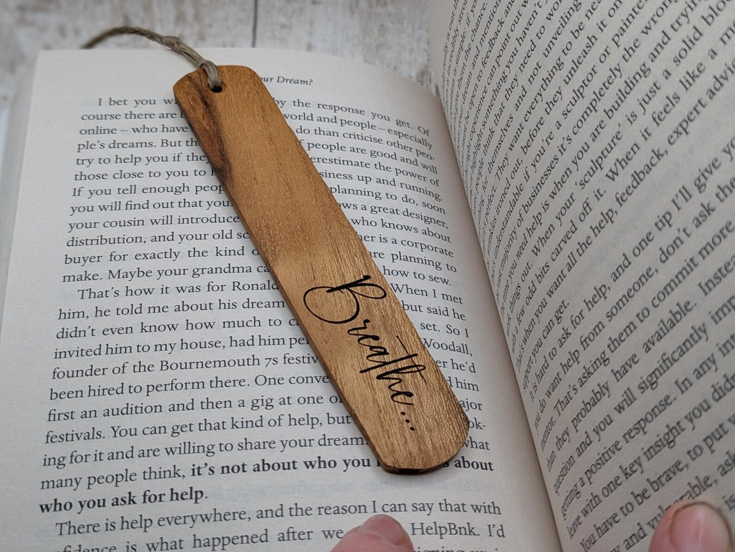 Handmade Alder wood book mark with laser printed breathe mantra.