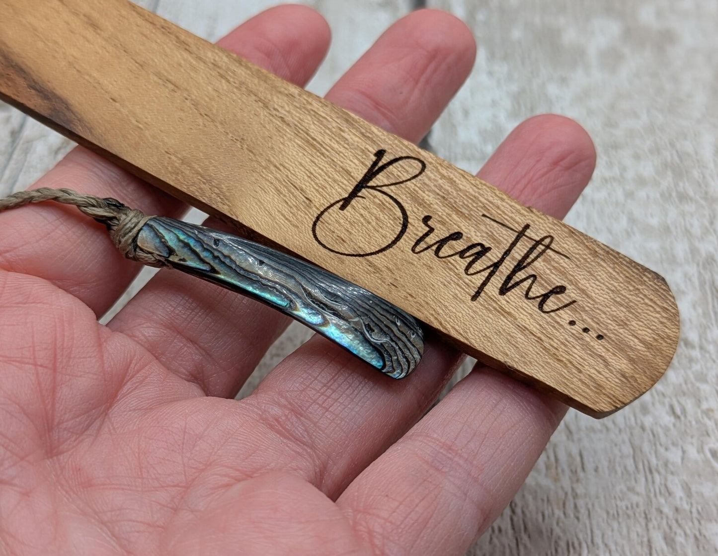 Handmade Alder wood book mark with laser printed breathe mantra.