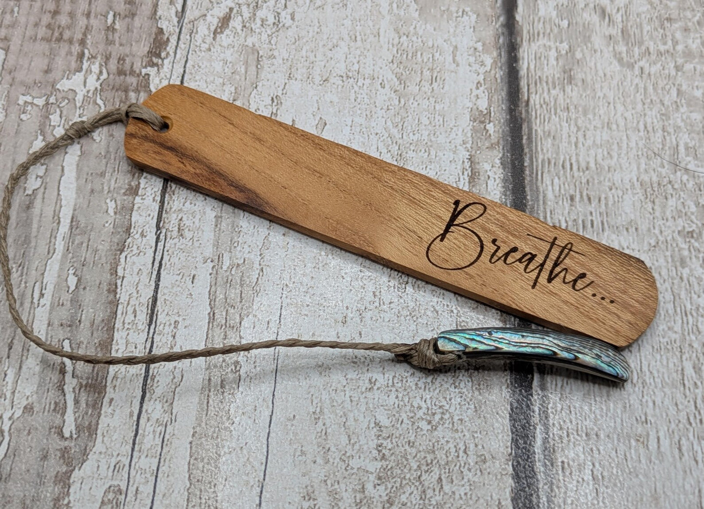 Handmade Alder wood book mark with laser printed breathe mantra.