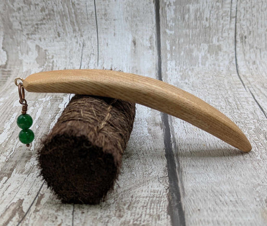 Oak wood curved hair stick with jade charm.