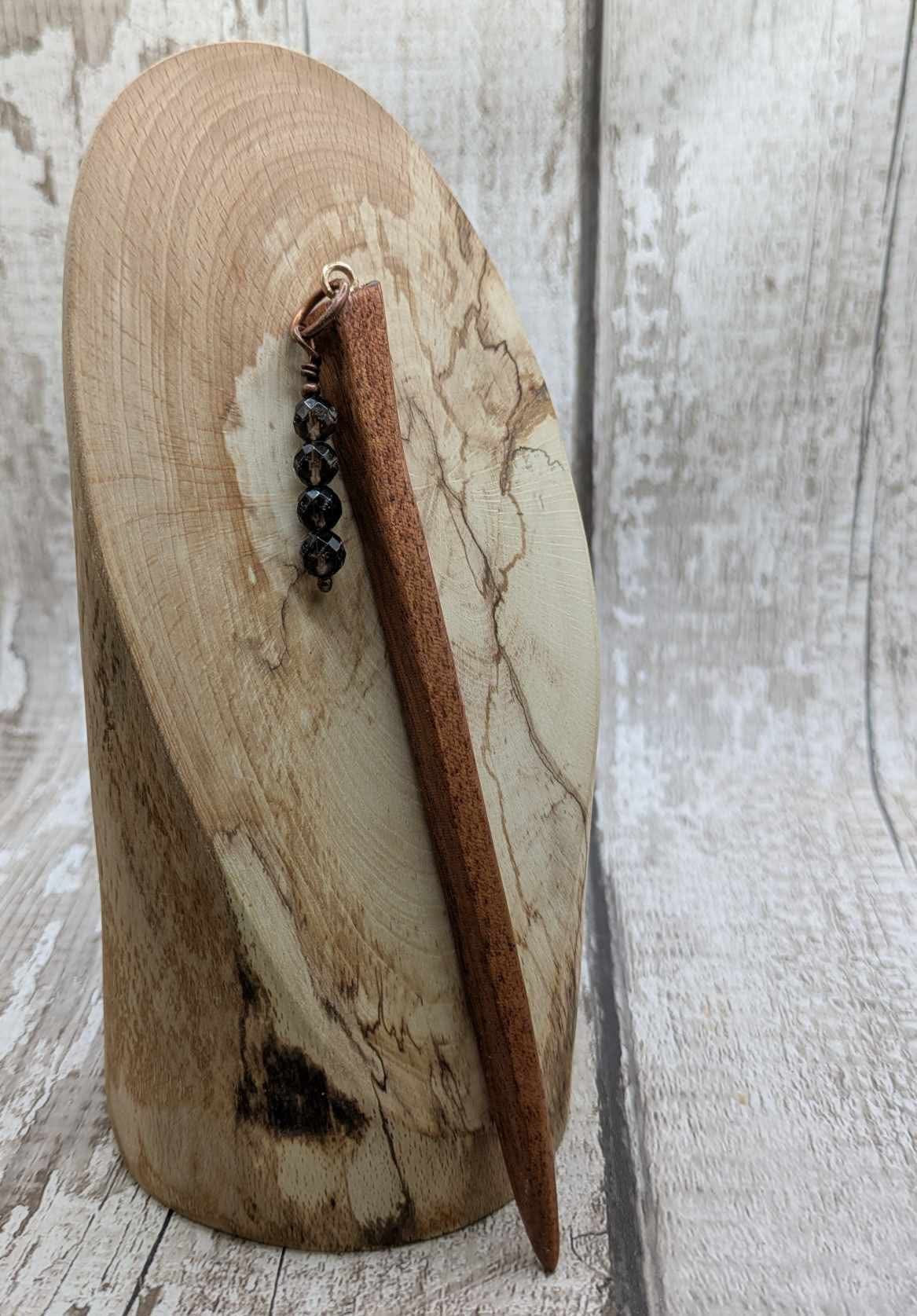 Sapele mahogany hair pin with Smokey quartz charm.