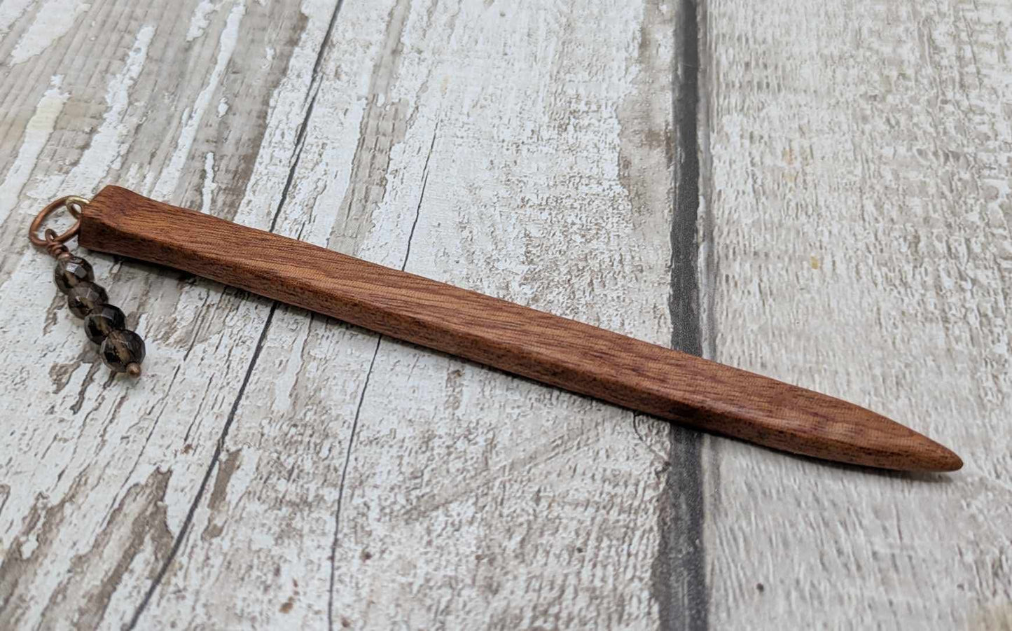 Sapele mahogany hair pin with Smokey quartz charm.