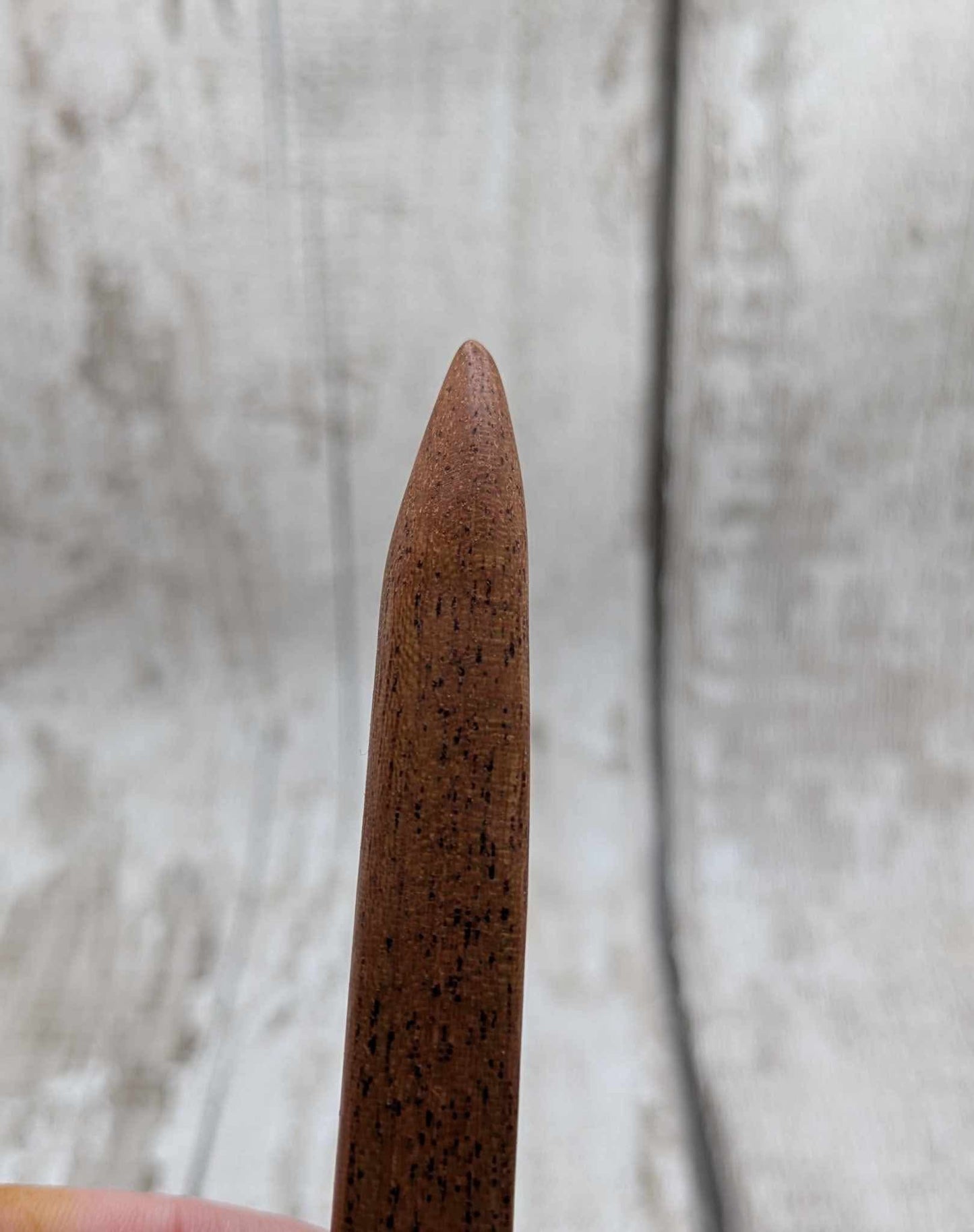 Sapele mahogany hair pin with Smokey quartz charm.