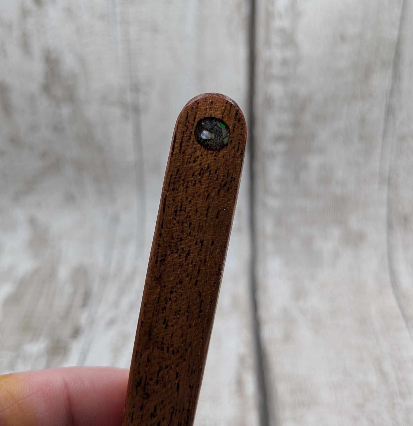 Sepele mahogany wood hair pin with Ethiopian opal inlay.