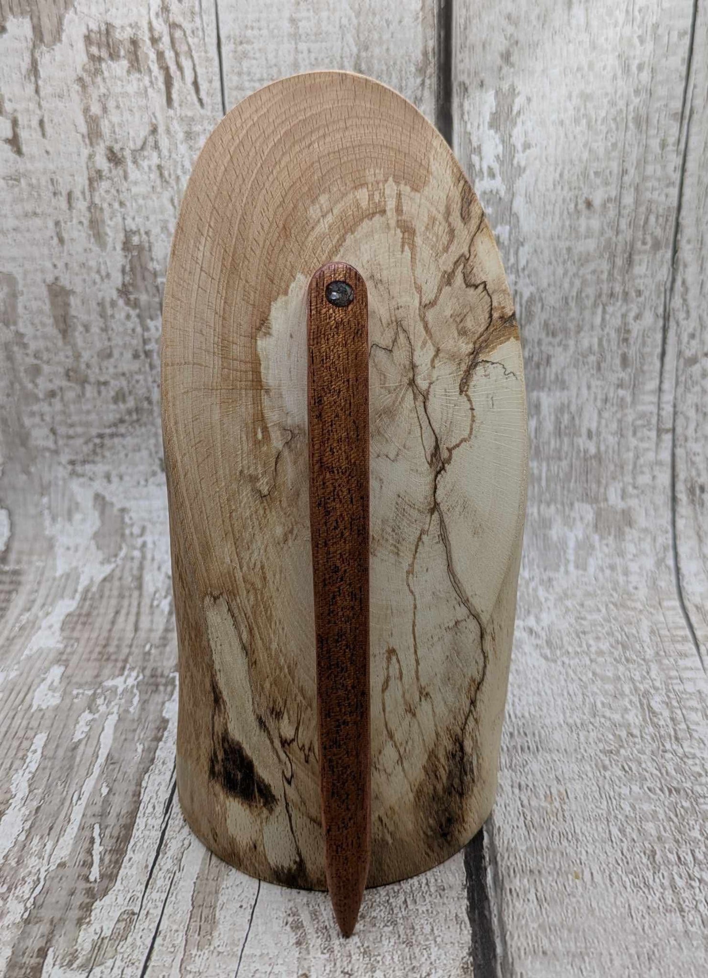 Sepele mahogany wood hair pin with Ethiopian opal inlay.