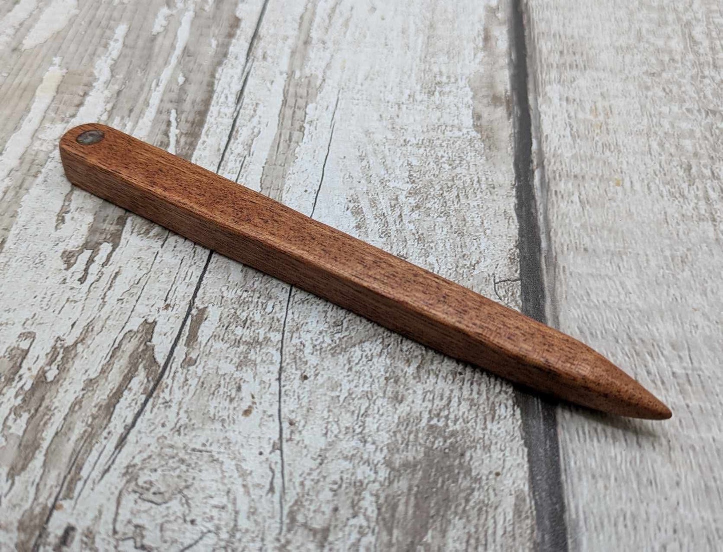 Sepele mahogany wood hair pin with Ethiopian opal inlay.