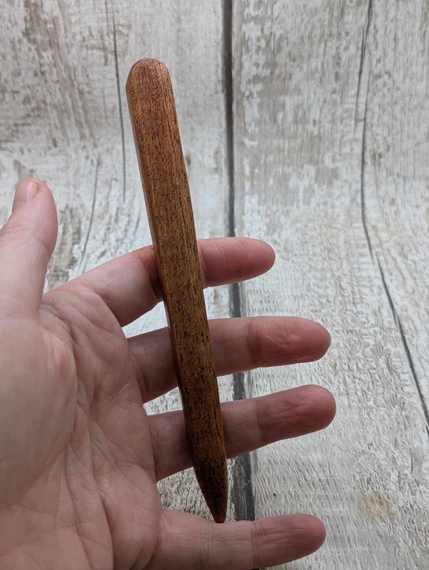 Sepele mahogany wood hair pin with Ethiopian opal inlay.