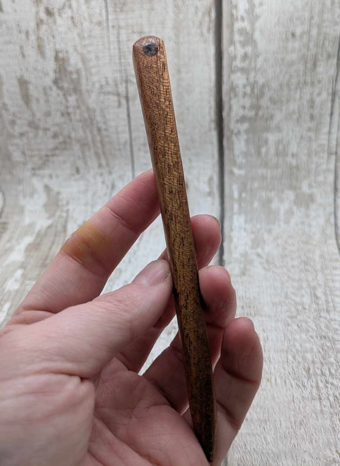 Sepele mahogany wod hair pin with abalone shell.