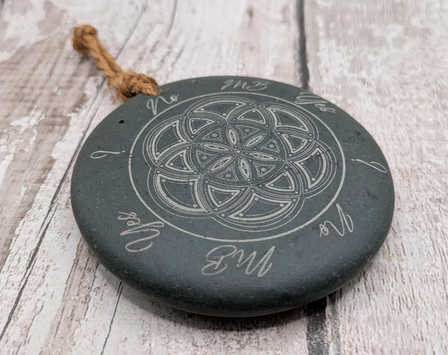 Welsh slate laser printed dowsing board with geometric print and incence holder.