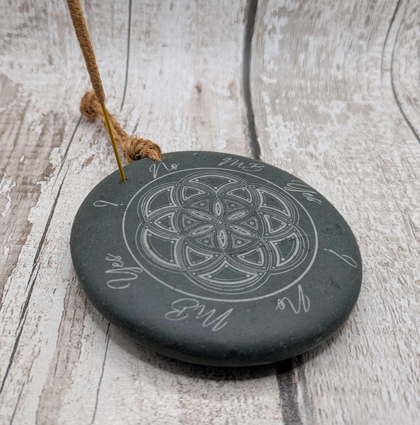 Welsh slate laser printed dowsing board with geometric print and incence holder.