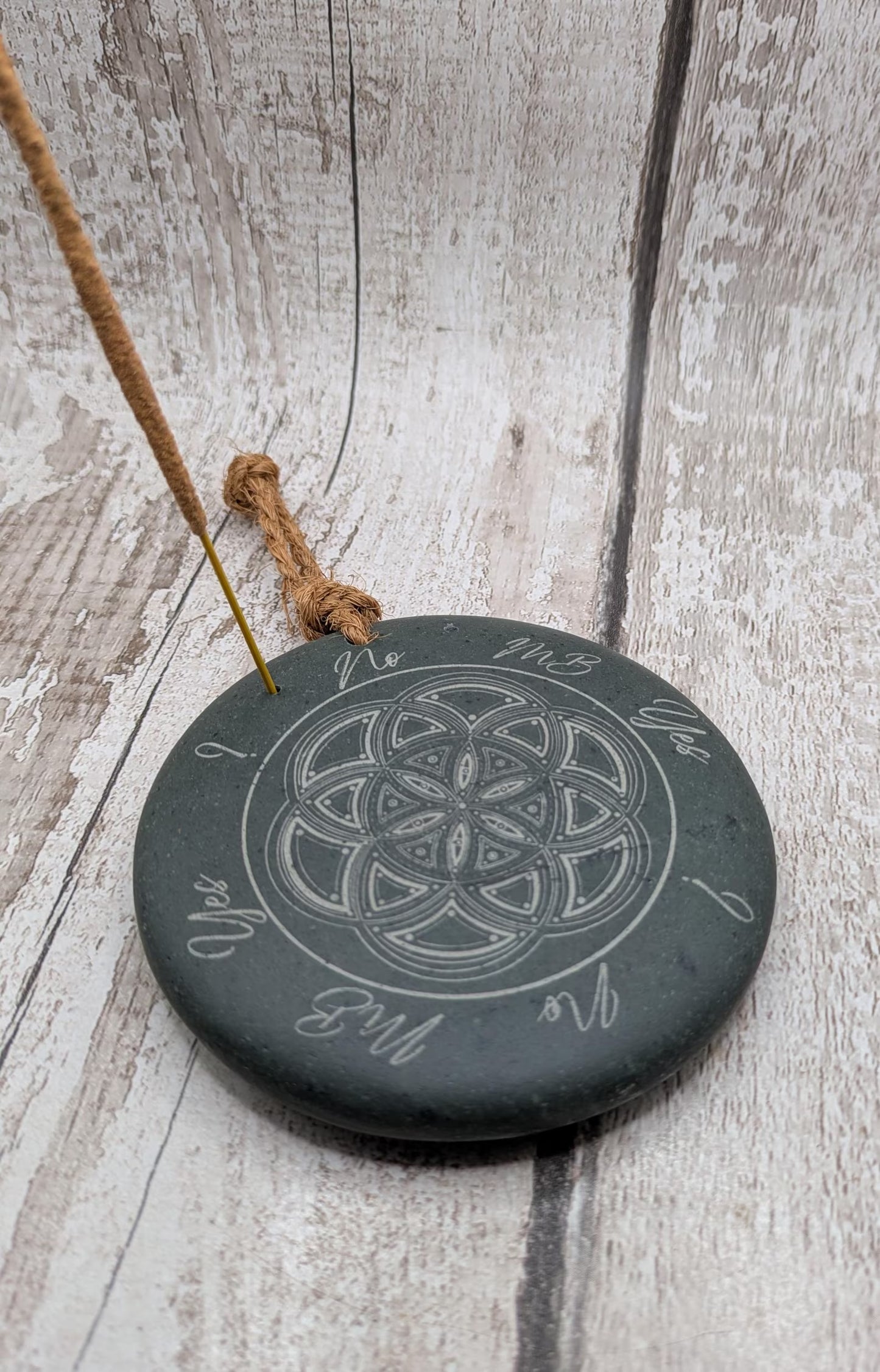 Welsh slate laser printed dowsing board with geometric print and incence holder.