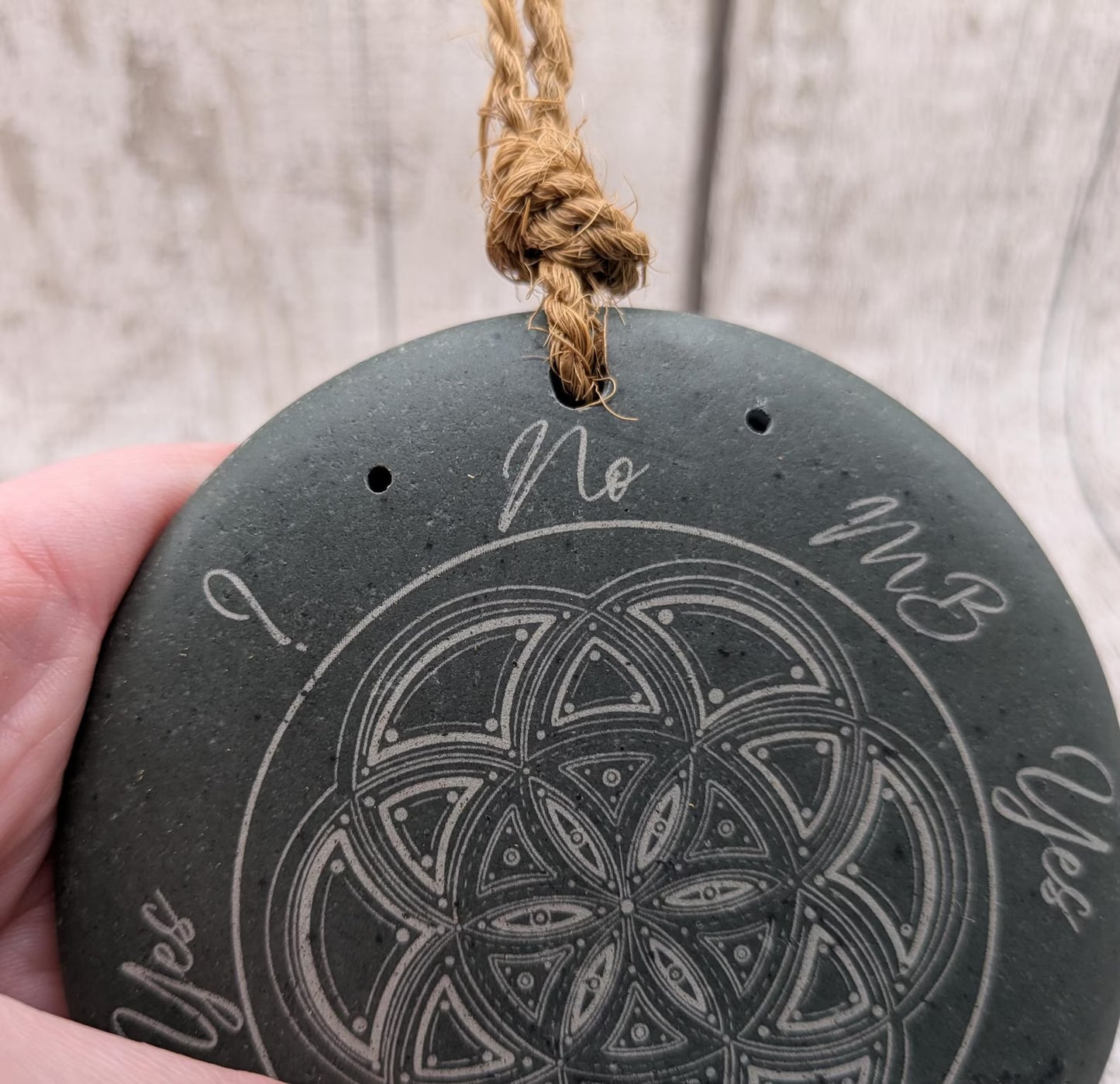 Welsh slate laser printed dowsing board with geometric print and incence holder.