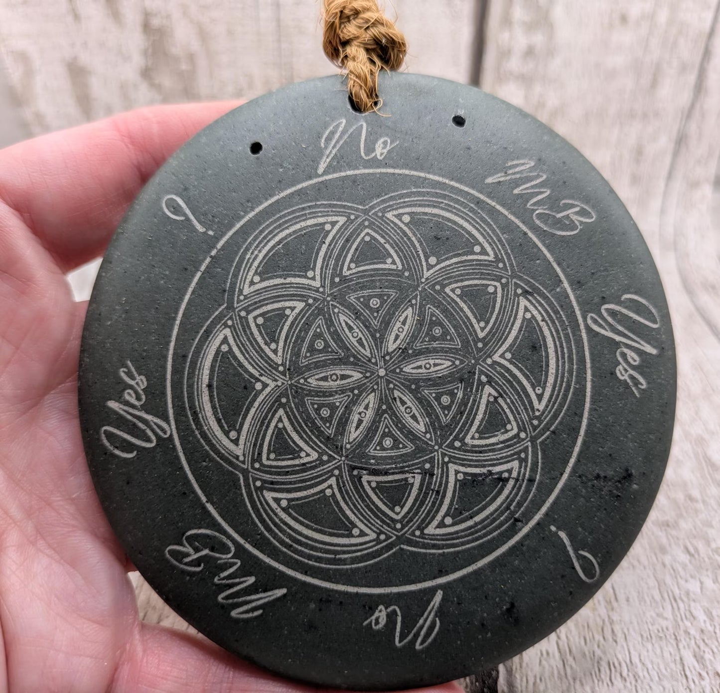 Welsh slate laser printed dowsing board with geometric print and incence holder.
