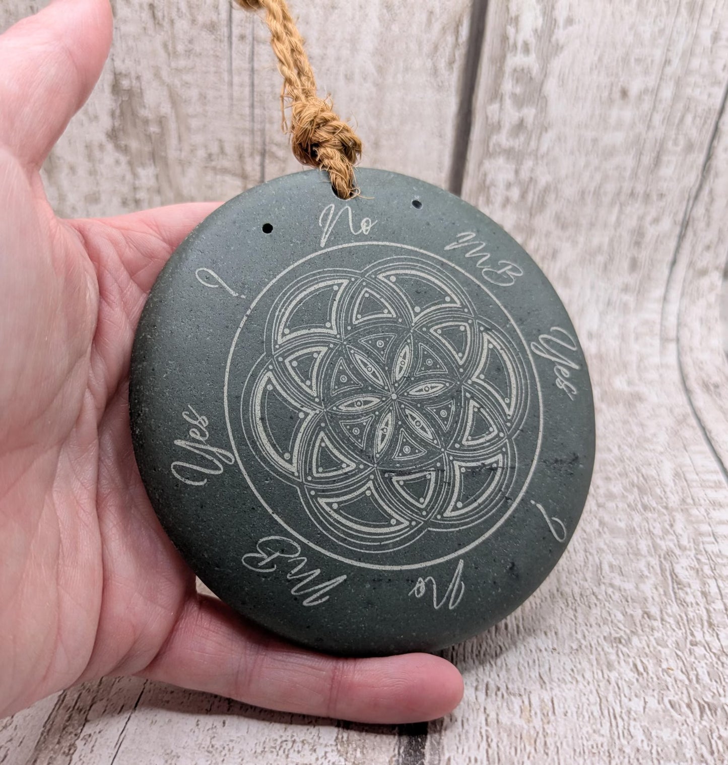 Welsh slate laser printed dowsing board with geometric print and incence holder.
