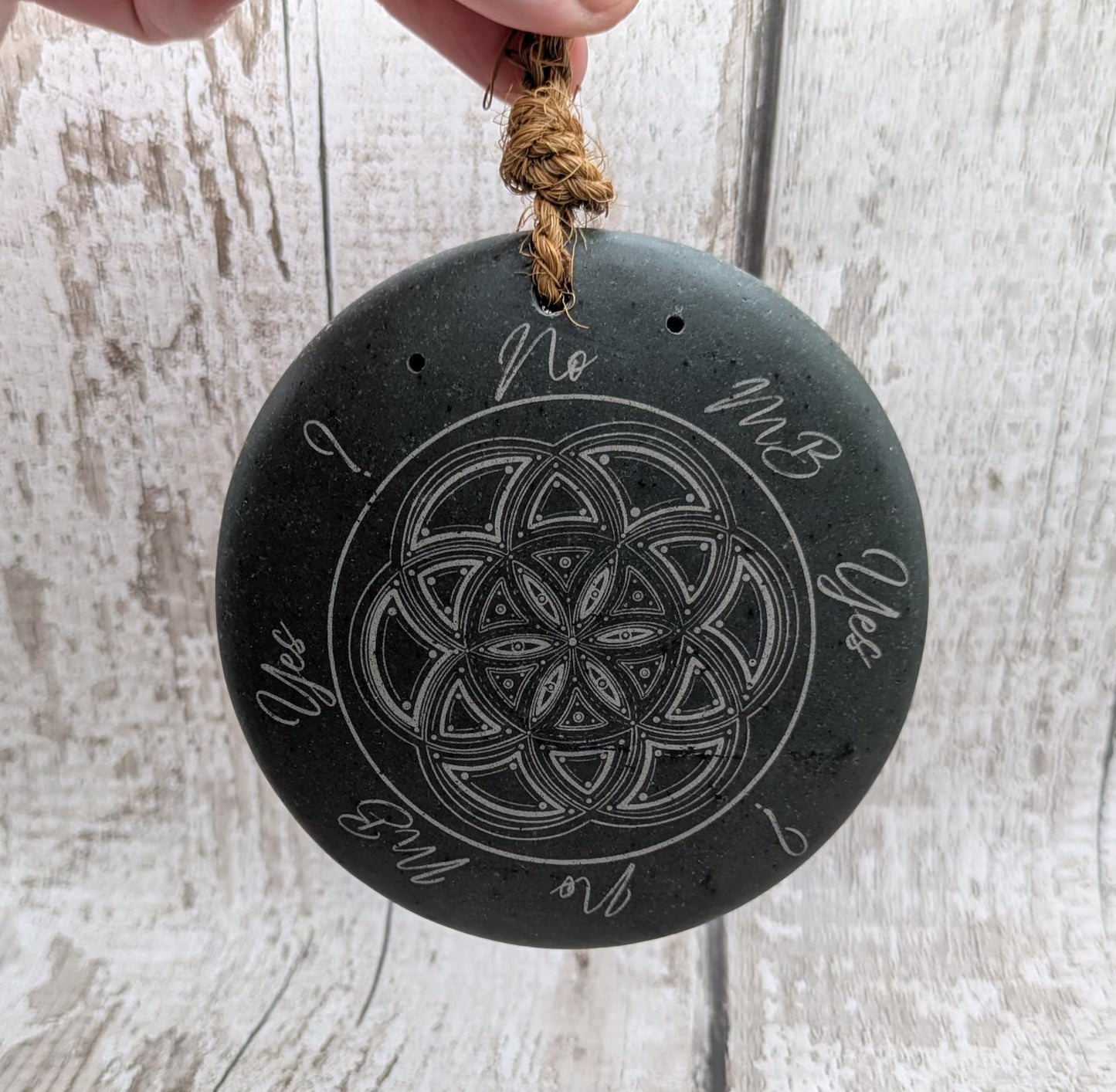 Welsh slate laser printed dowsing board with geometric print and incence holder.