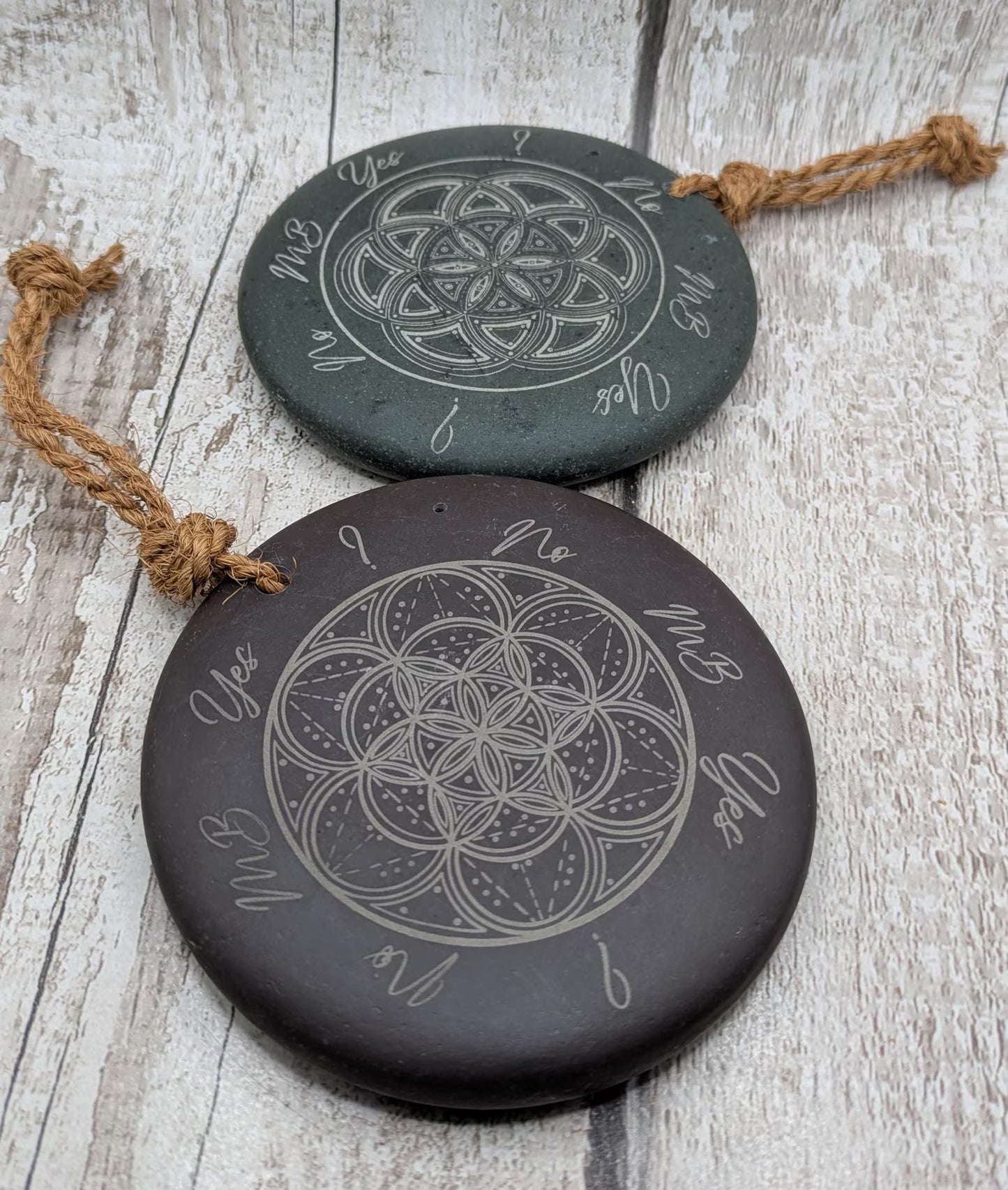 Welsh slate laser printed dowsing board with geometric print and incence holder.