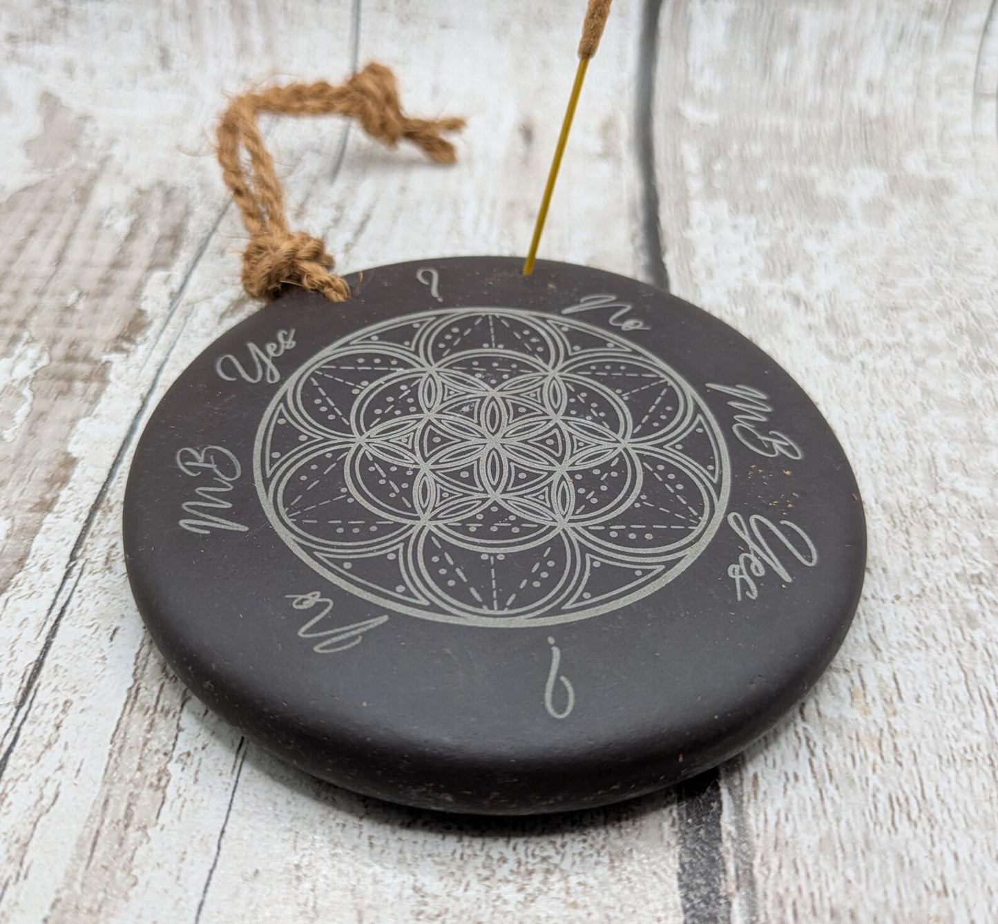 Welsh slate mini pendulum dousing board rock with geometric pattern and incense holder.