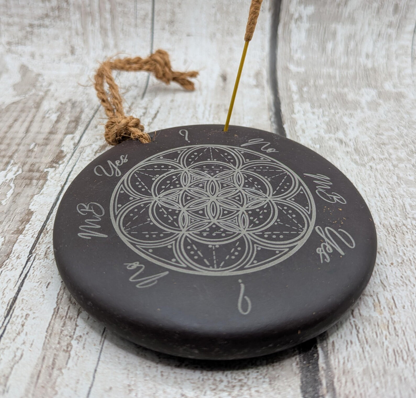 Welsh slate mini pendulum dousing board rock with geometric pattern and incense holder.