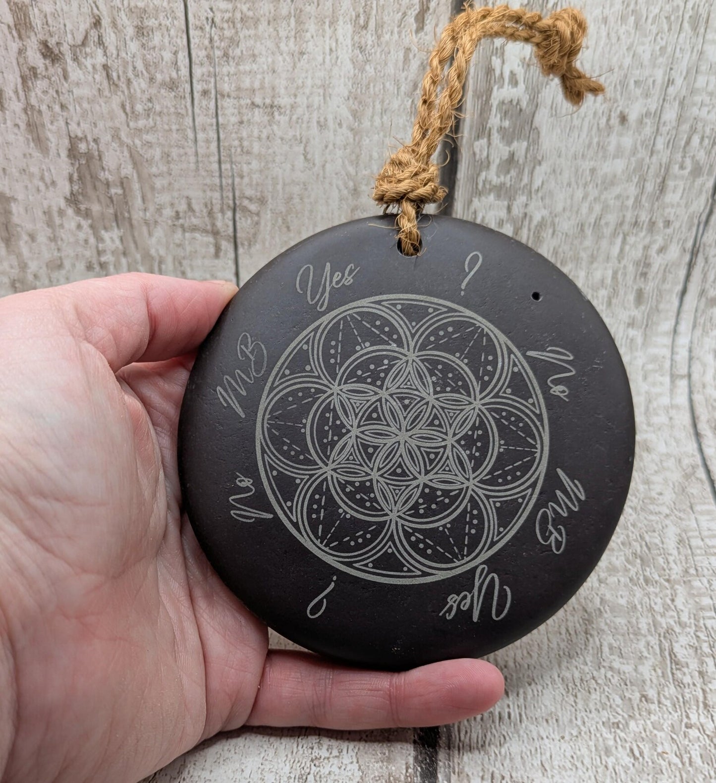 Welsh slate mini pendulum dousing board rock with geometric pattern and incense holder.