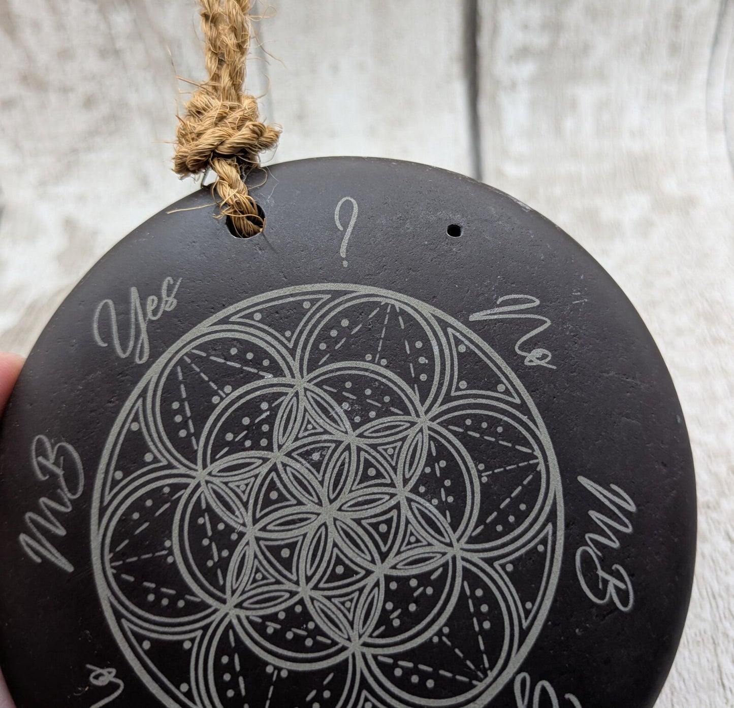 Welsh slate mini pendulum dousing board rock with geometric pattern and incense holder.
