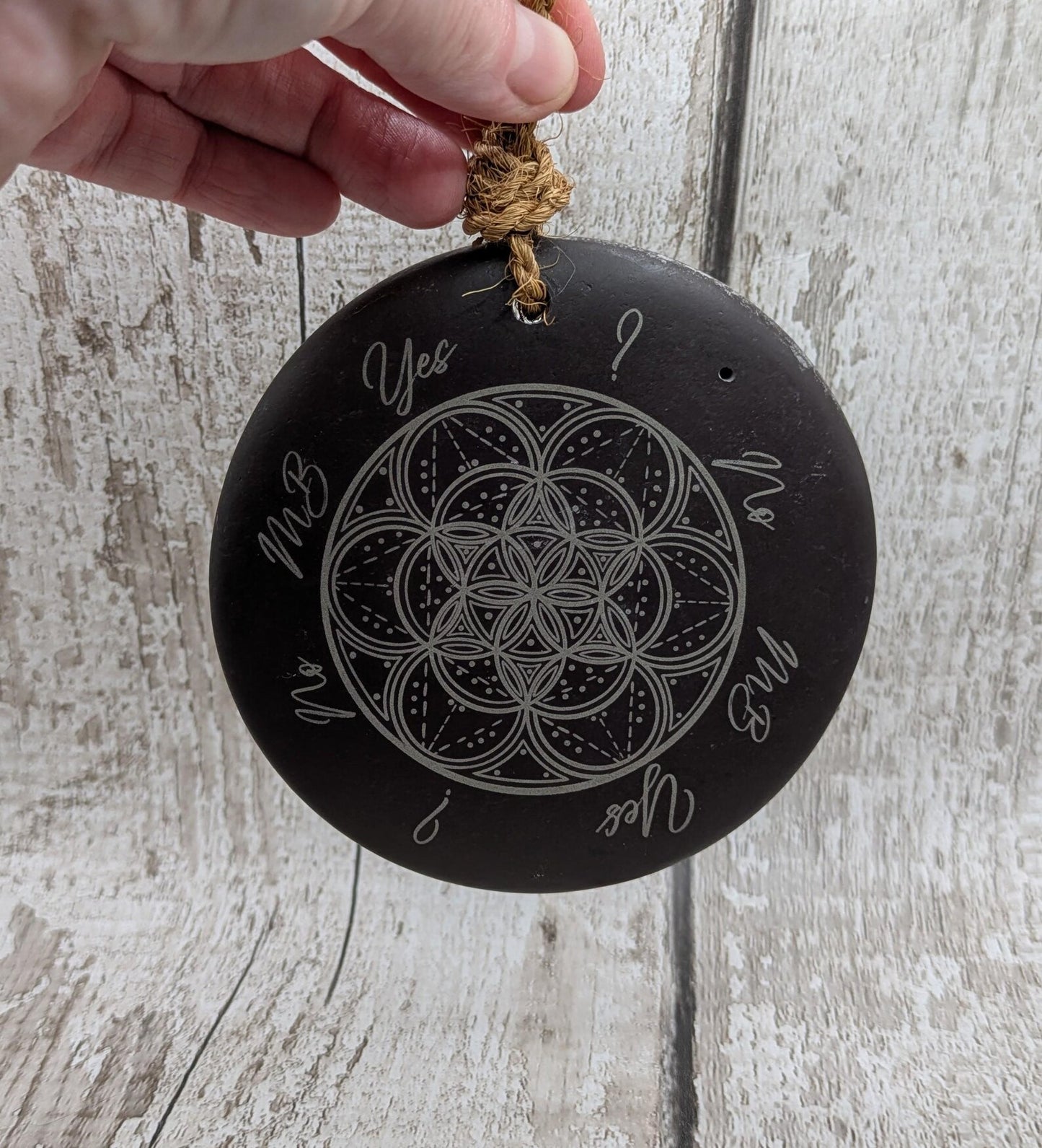 Welsh slate mini pendulum dousing board rock with geometric pattern and incense holder.