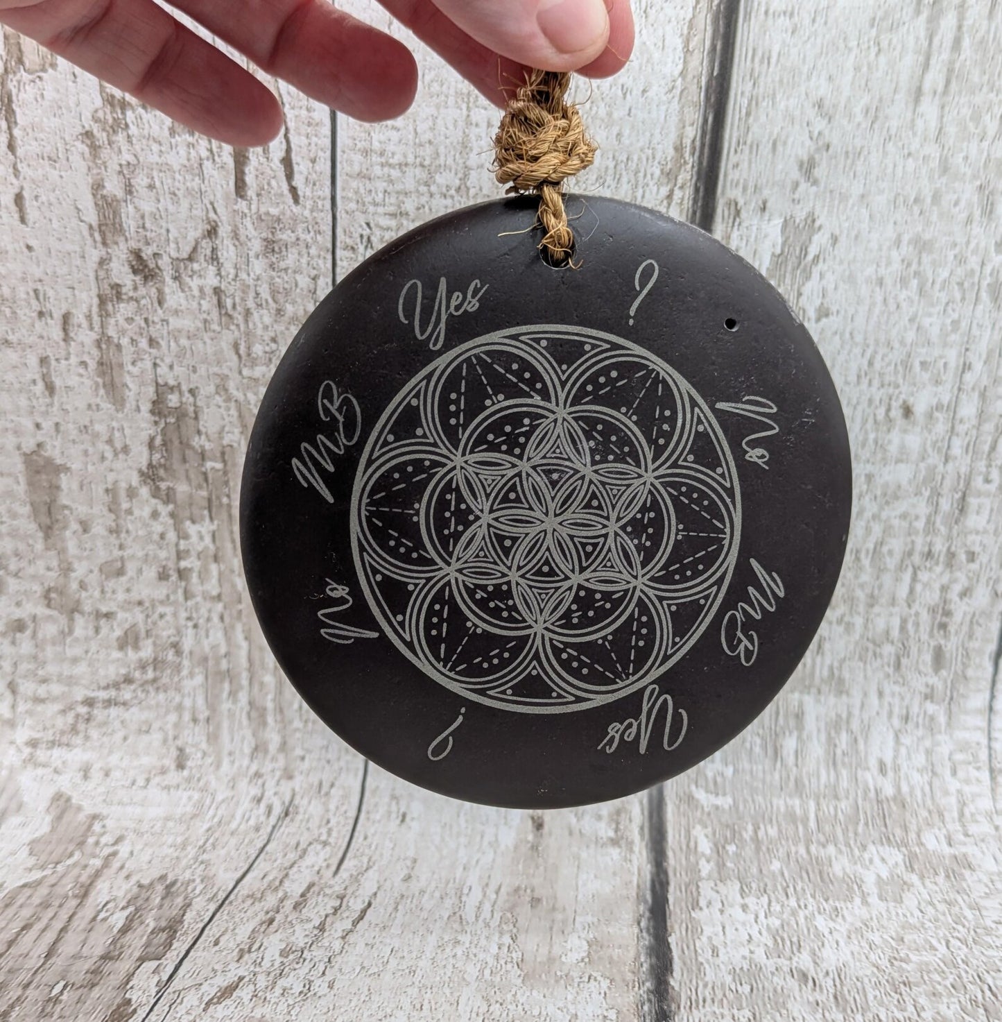 Welsh slate mini pendulum dousing board rock with geometric pattern and incense holder.
