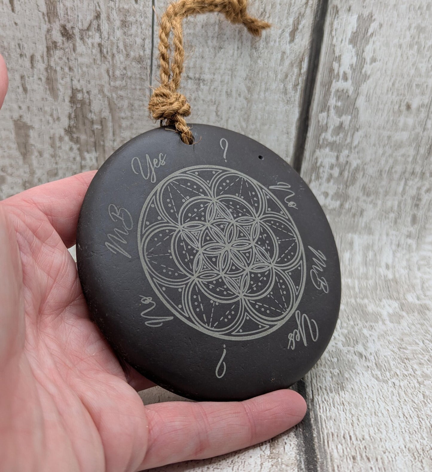 Welsh slate mini pendulum dousing board rock with geometric pattern and incense holder.