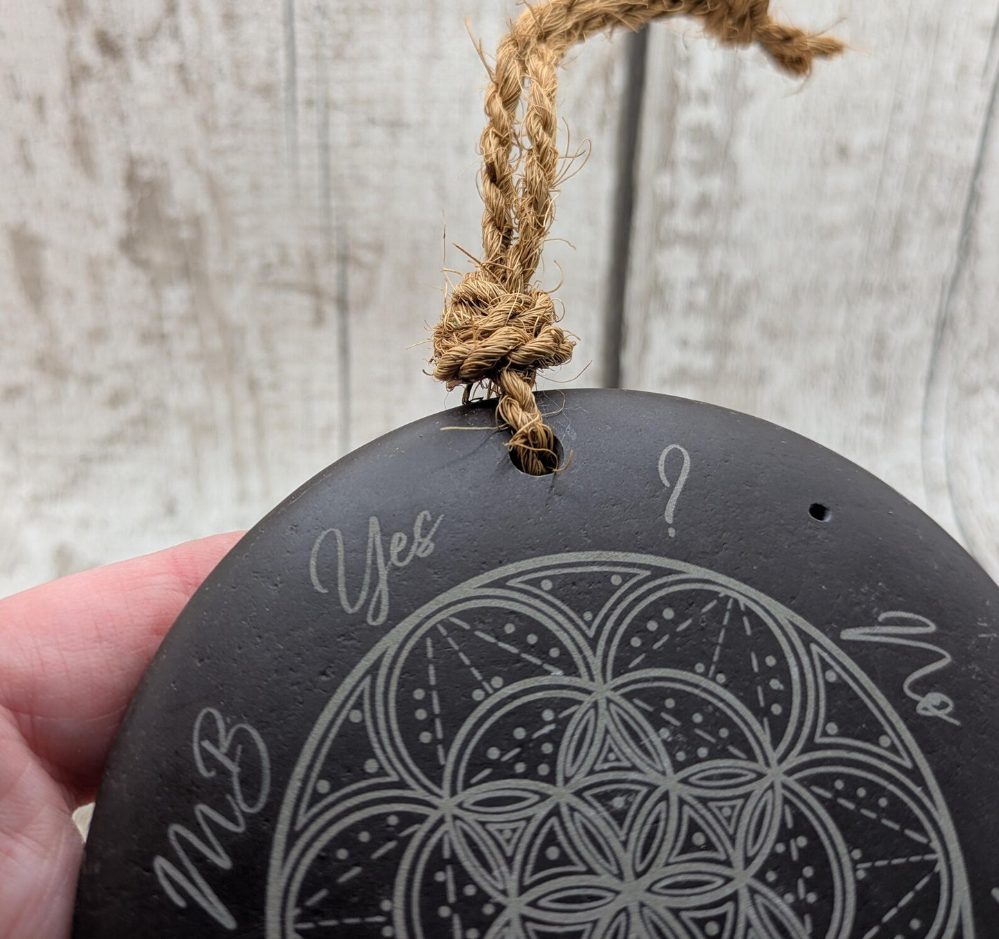 Welsh slate mini pendulum dousing board rock with geometric pattern and incense holder.