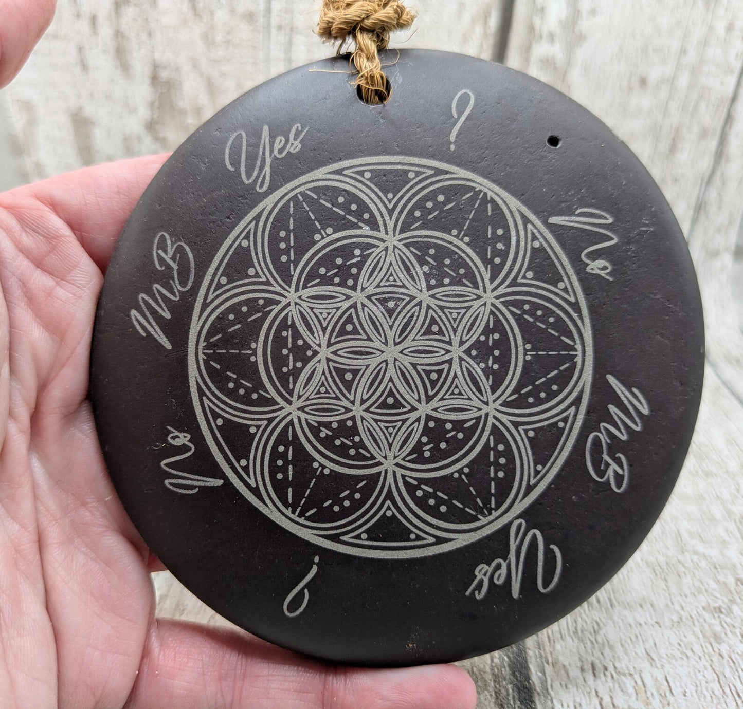 Welsh slate mini pendulum dousing board rock with geometric pattern and incense holder.