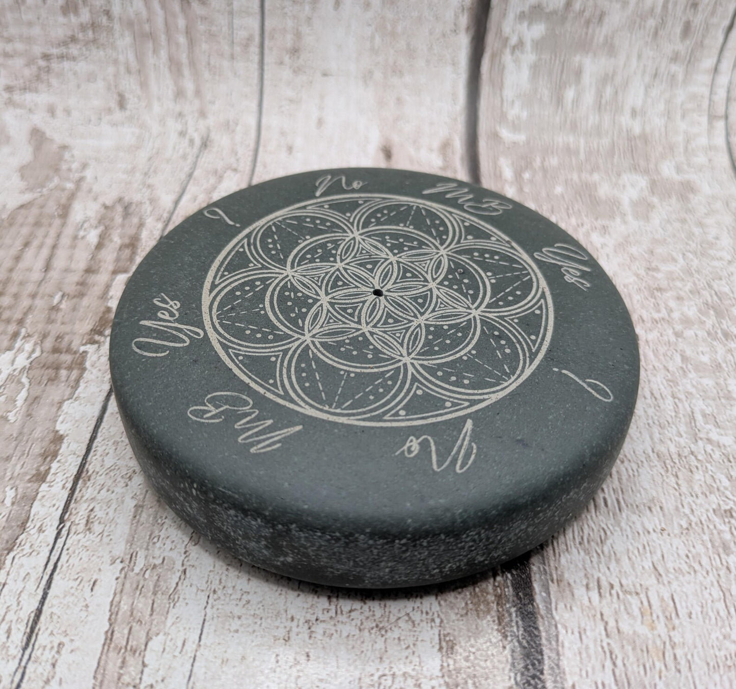 Mini welsh slate pendulum dowsing board stone with incense holder, geometric print and copper pendulum