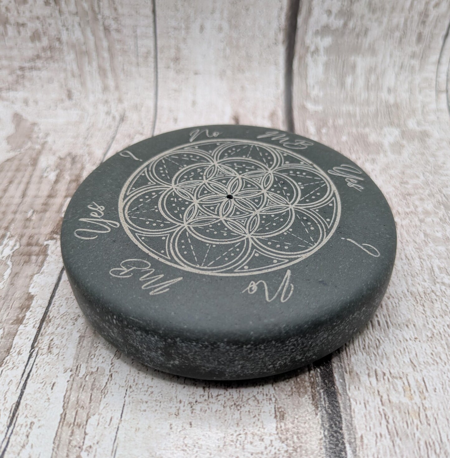 Mini welsh slate pendulum dowsing board stone with incense holder, geometric print and copper pendulum