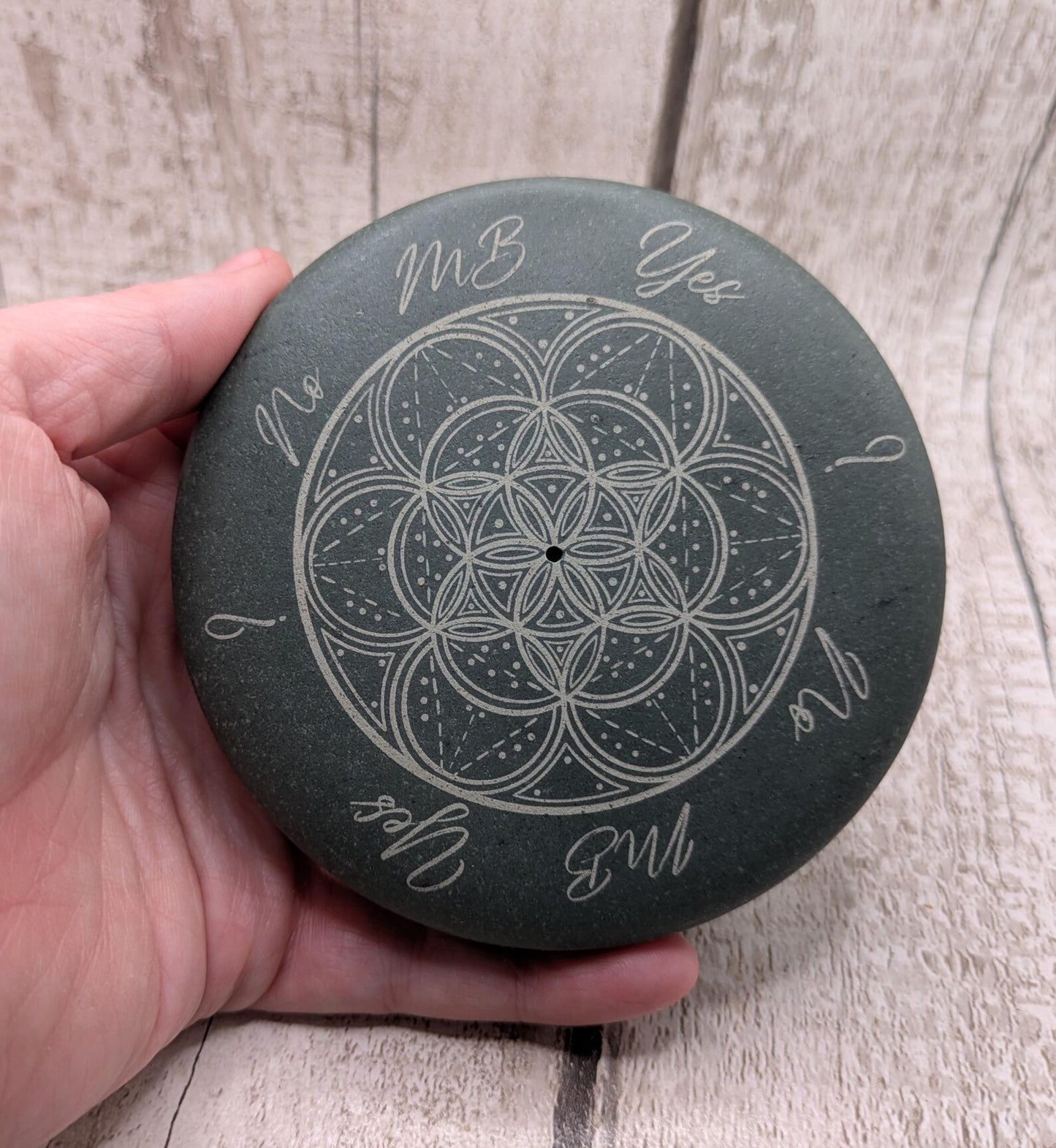 Mini welsh slate pendulum dowsing board stone with incense holder, geometric print and copper pendulum