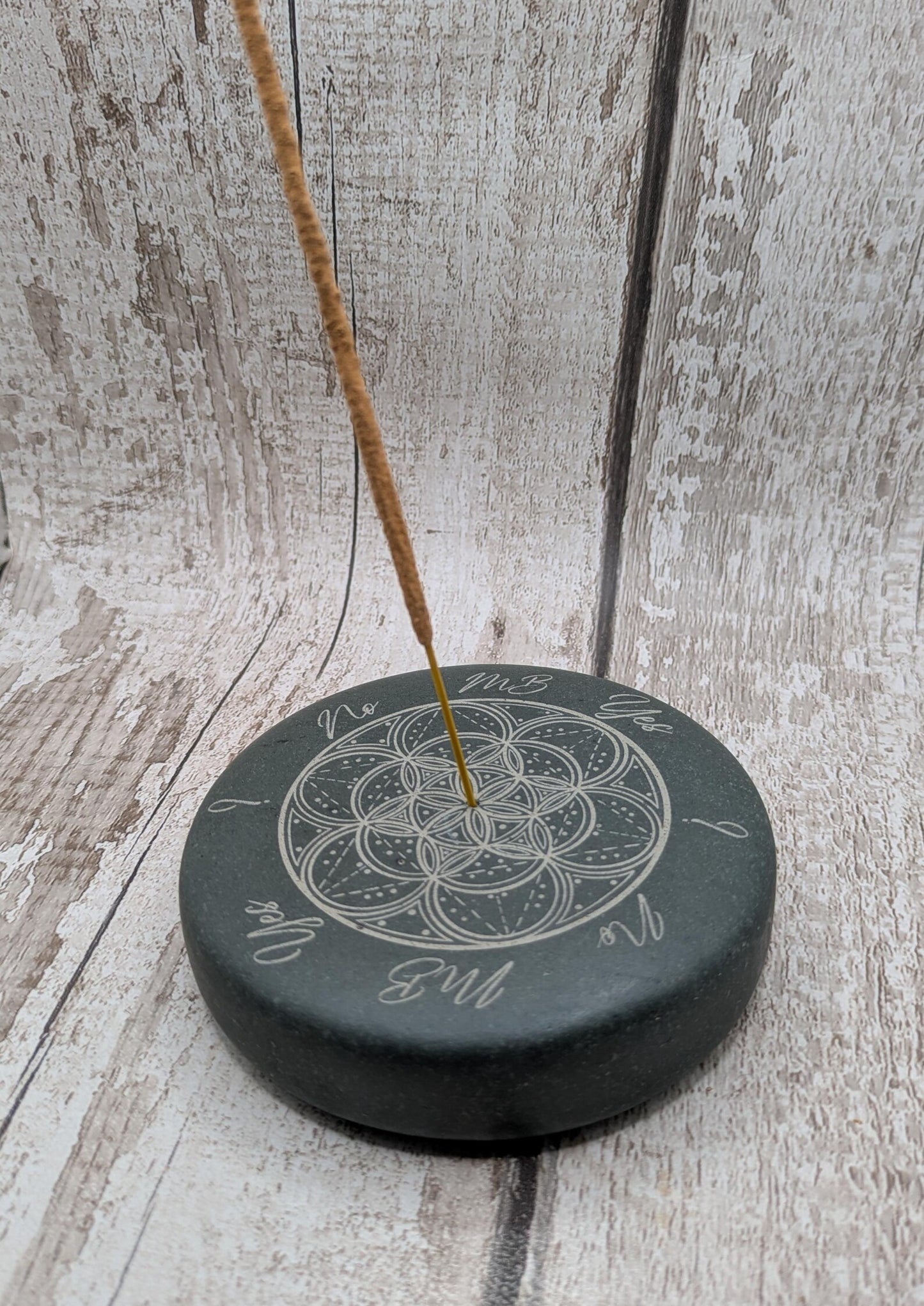 Mini welsh slate pendulum dowsing board stone with incense holder, geometric print and copper pendulum