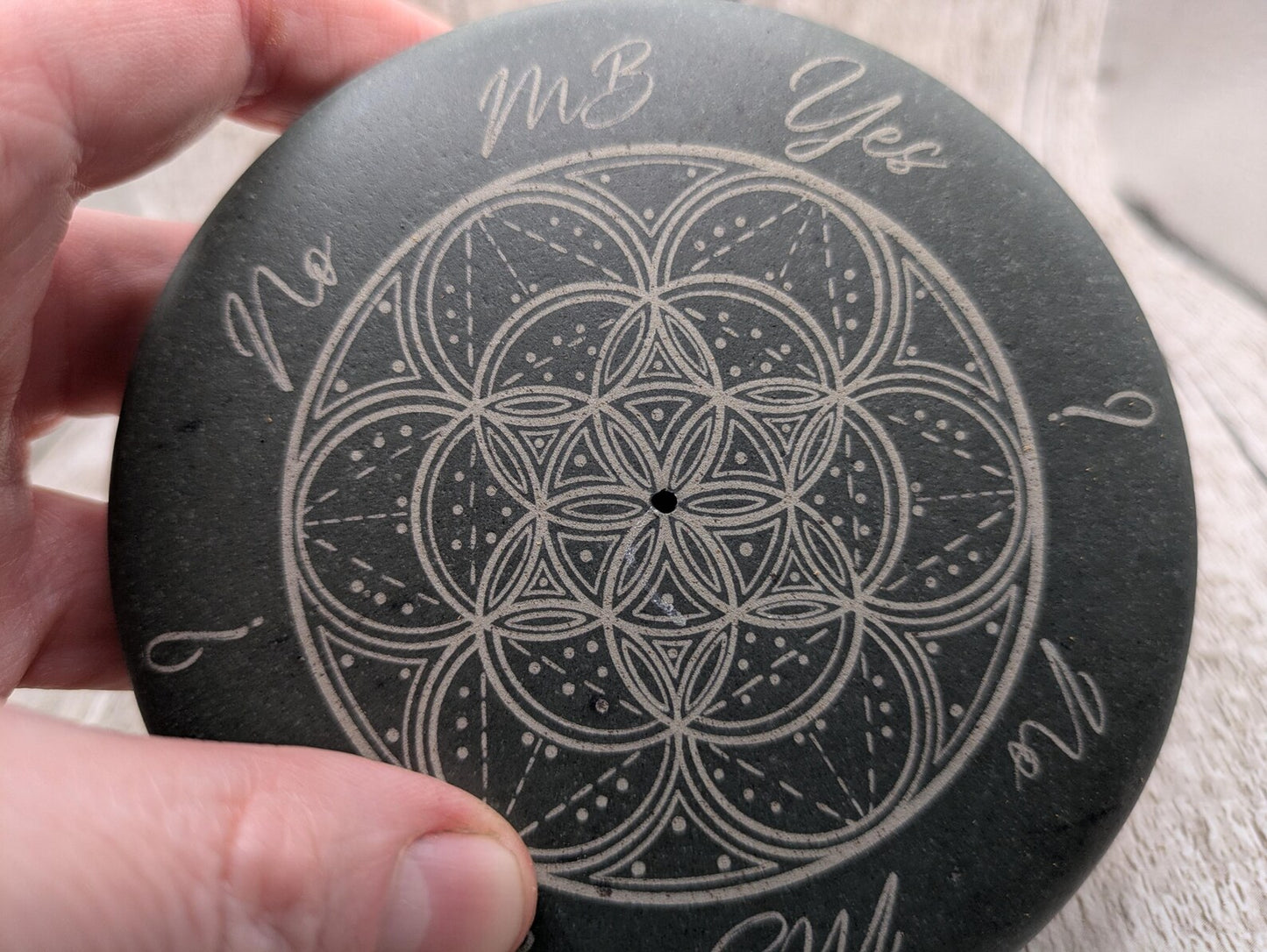 Mini welsh slate pendulum dowsing board stone with incense holder, geometric print and copper pendulum