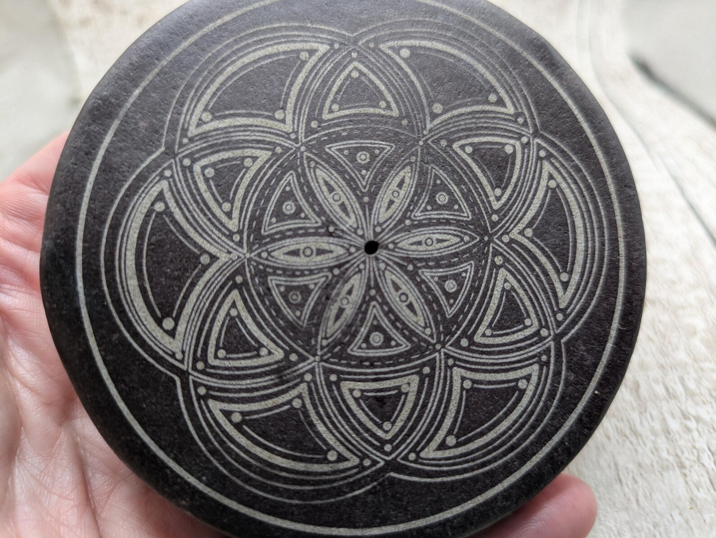 Welsh slate Incense stick holder with geometric laser print.