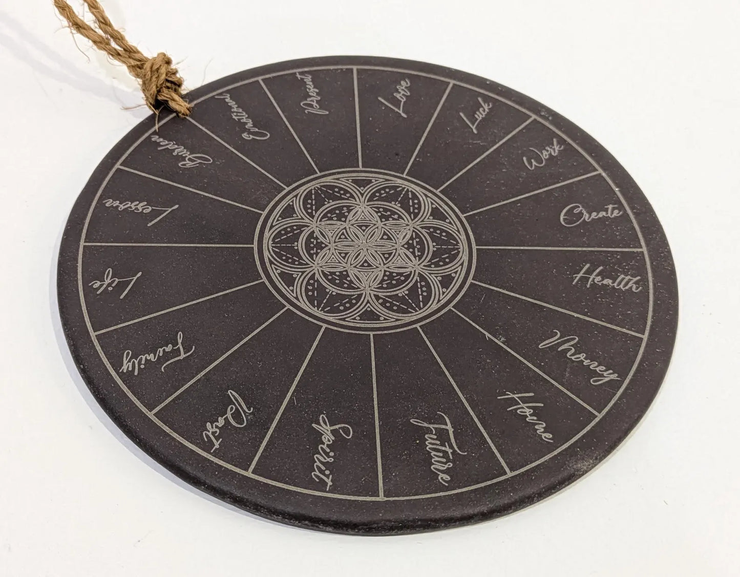 Welsh slate charm reading disc plate laser printed geometric print.
