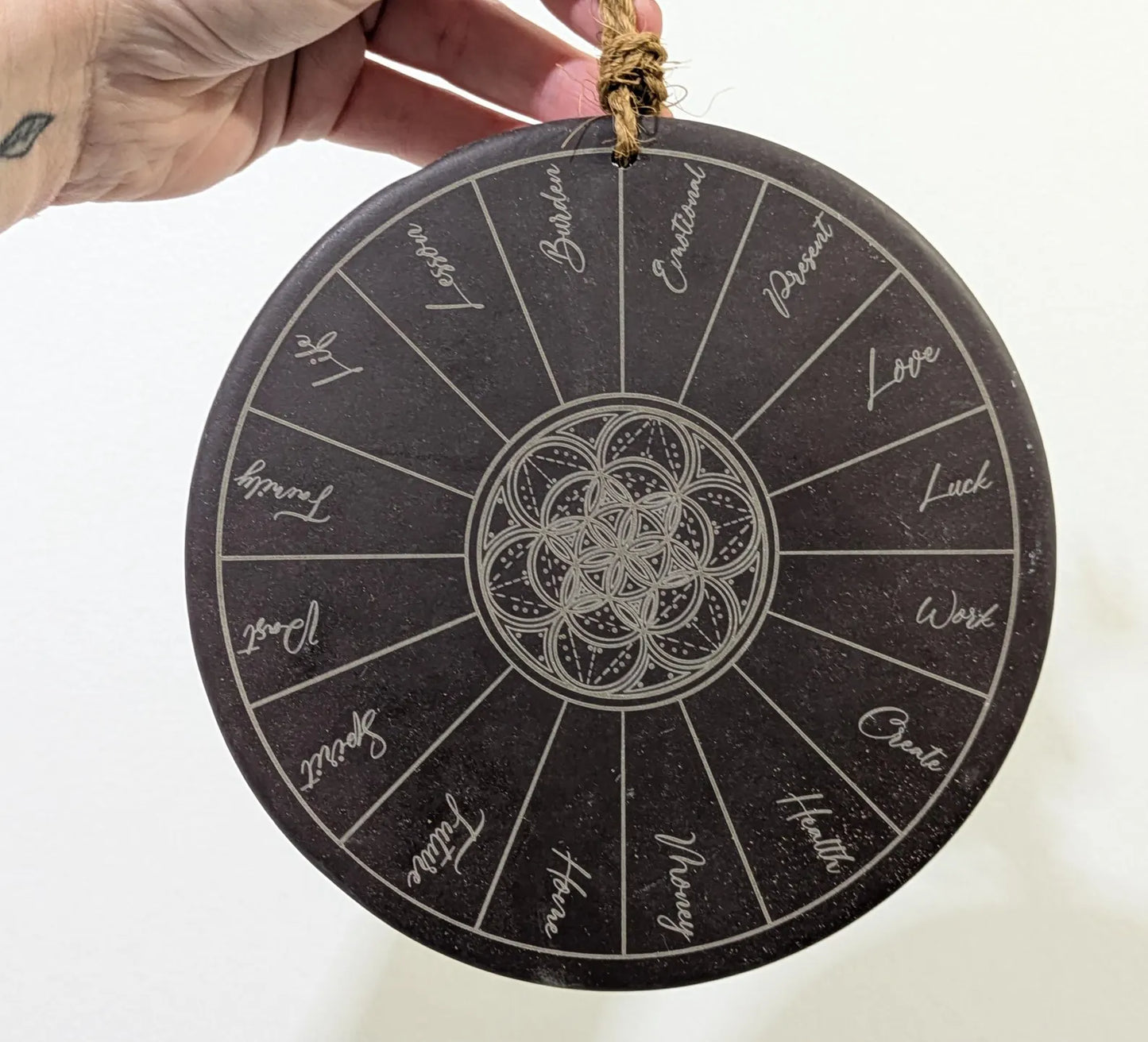 Welsh slate charm reading disc plate laser printed geometric print.