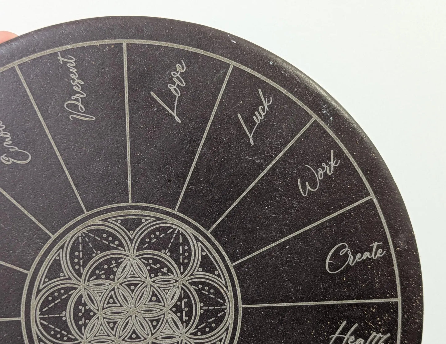 Welsh slate charm reading disc plate laser printed geometric print.