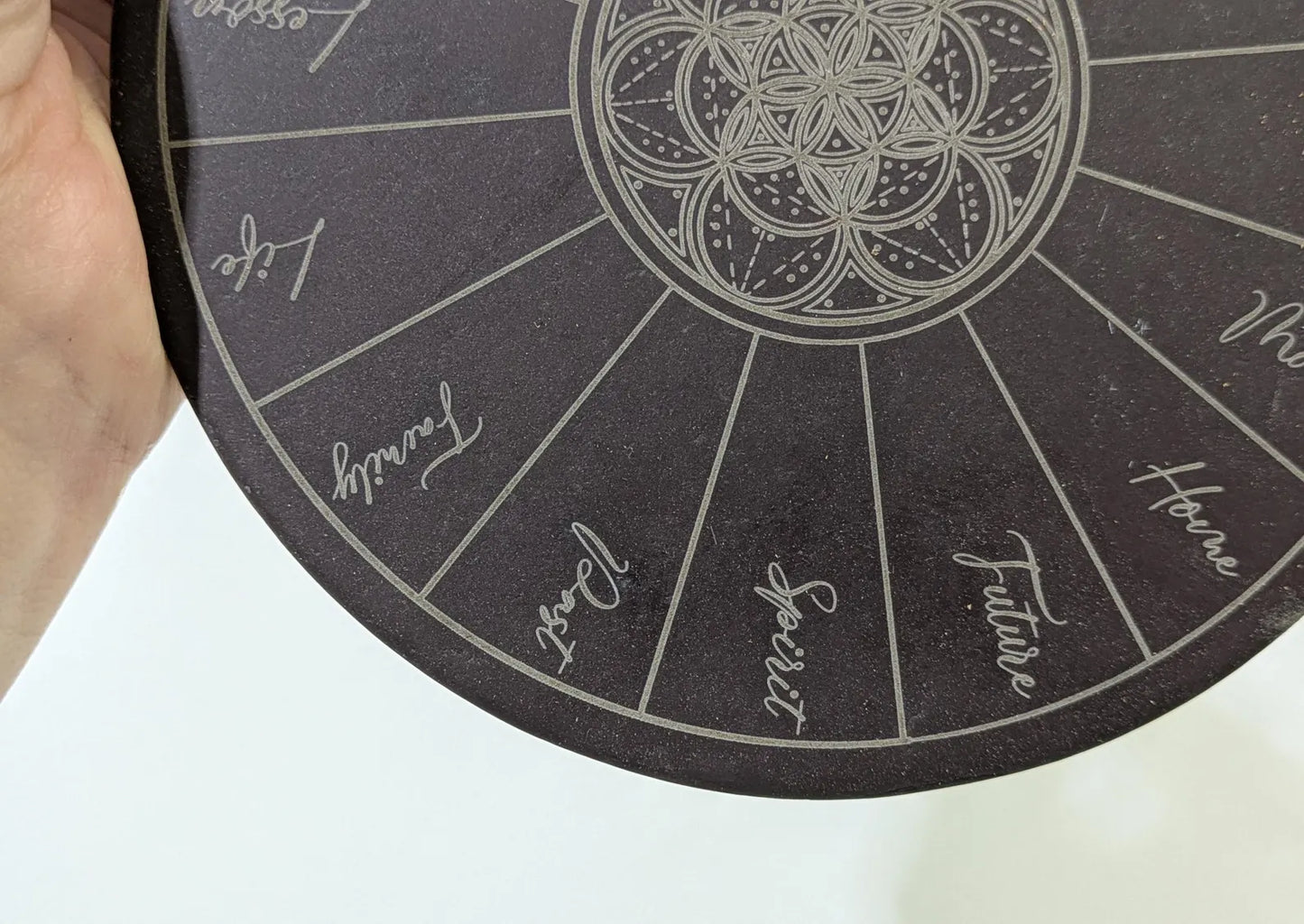 Welsh slate charm reading disc plate laser printed geometric print.