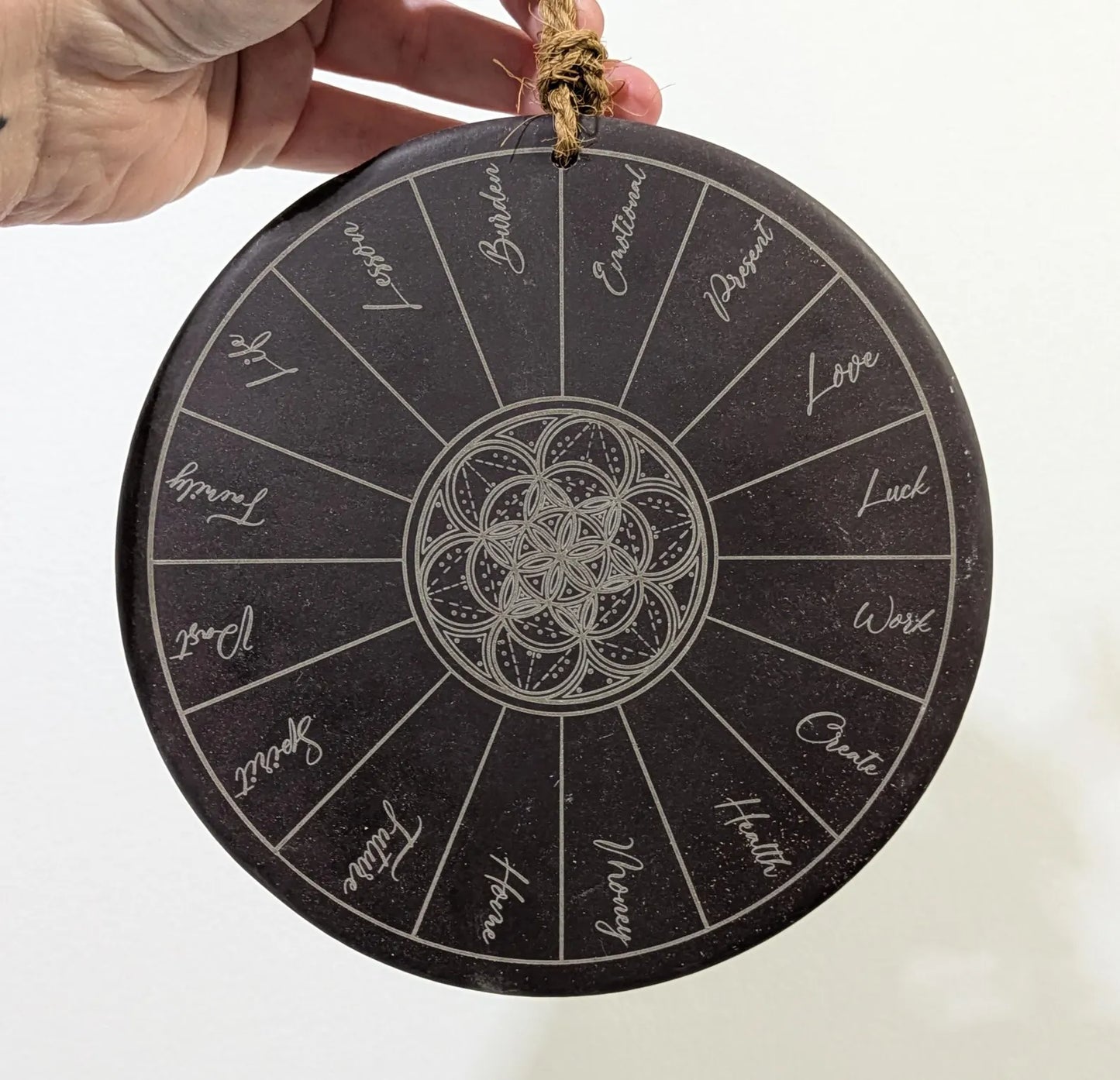 Welsh slate charm reading disc plate laser printed geometric print.