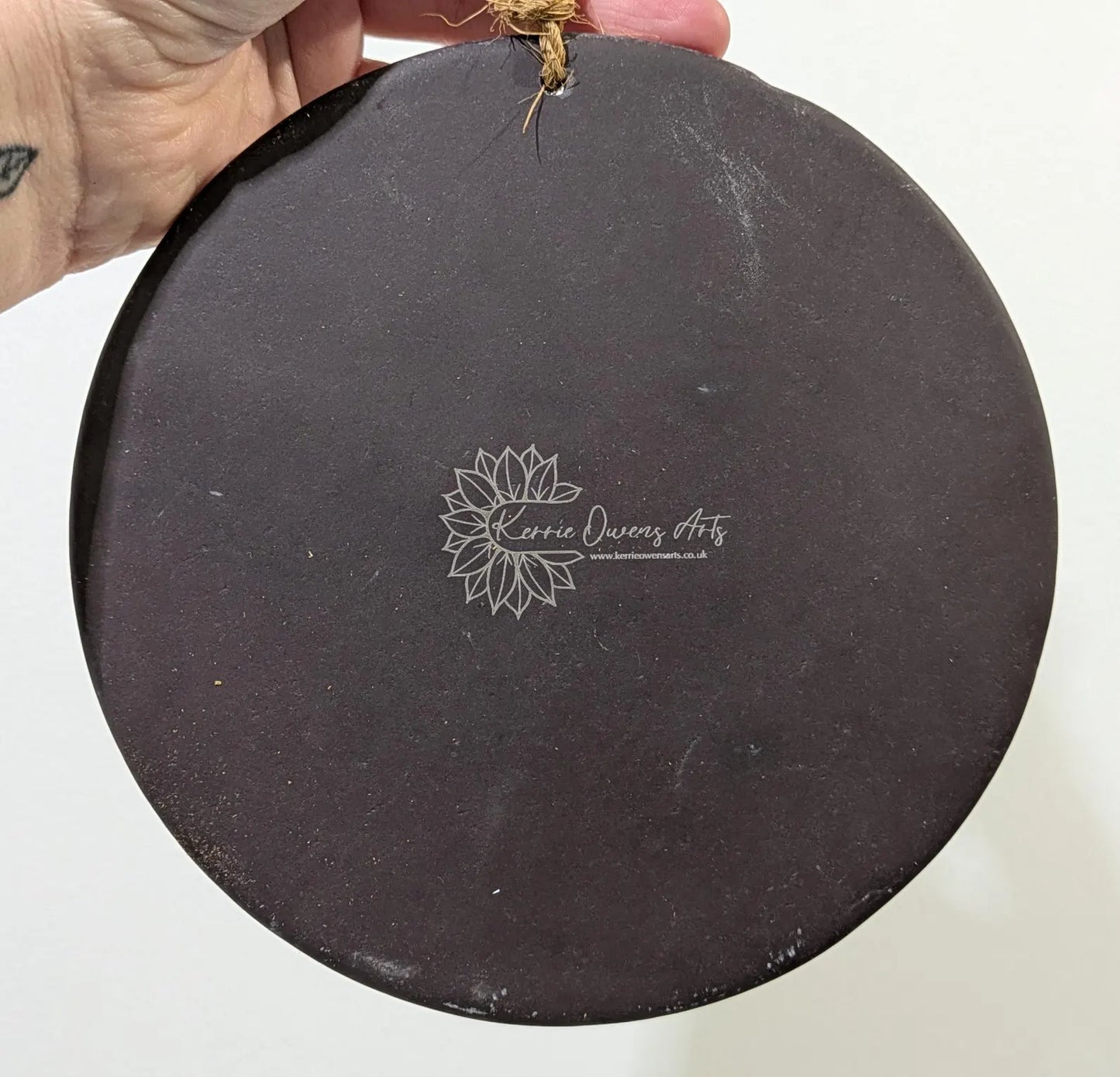 Welsh slate charm reading disc plate laser printed geometric print.