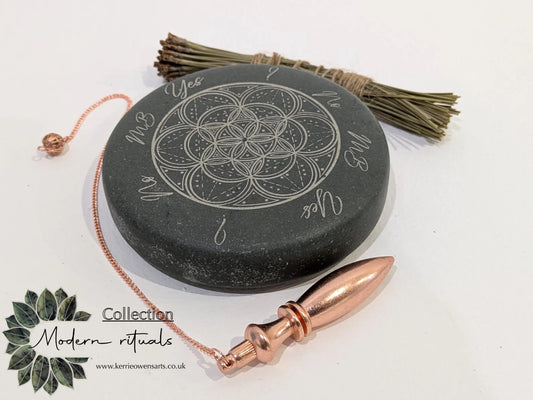 Mini welsh slate pendulum dowsing board stone with incense holder, geometric print and copper pendulum