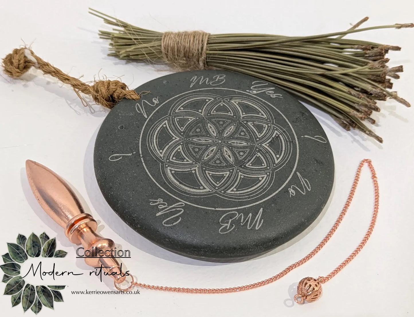 Welsh slate laser printed dowsing board with geometric print and incence holder.