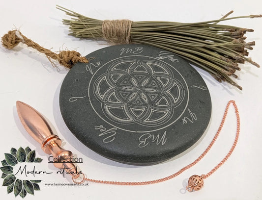 Welsh slate laser printed dowsing board with geometric print and incence holder.