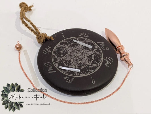 Welsh slate mini pendulum dousing board rock with geometric pattern and incense holder.