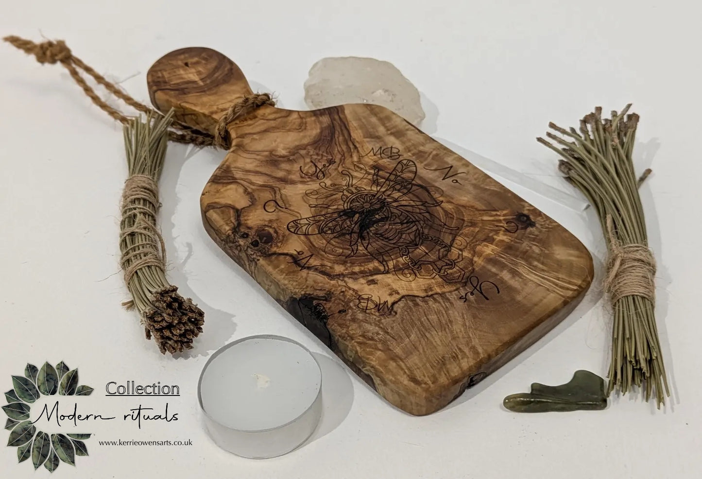 Olive wood bumble bee pendulum dowsing board with incense stick holder.