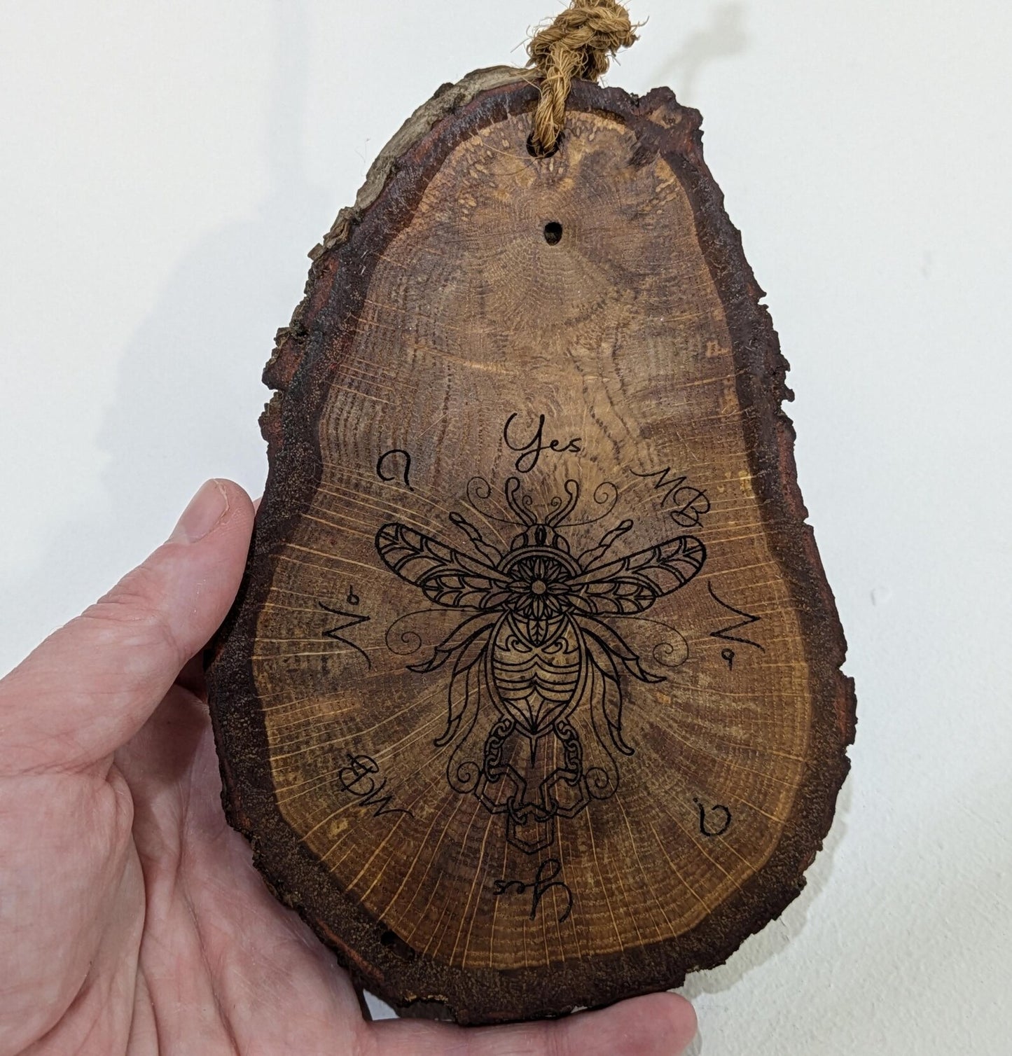 Oak wood slice with bumble bee detail, dowsing boards and incense holder.
